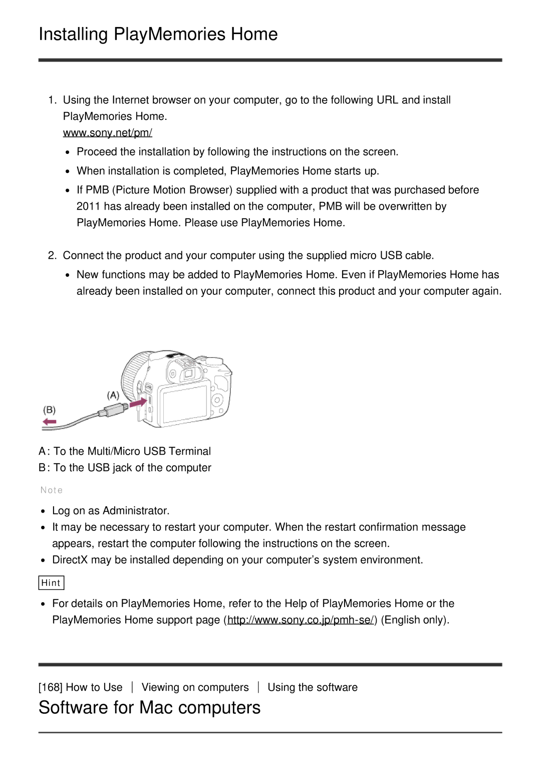 Sony HX400V, DSC-HX400 manual Installing PlayMemories Home, Software for Mac computers 