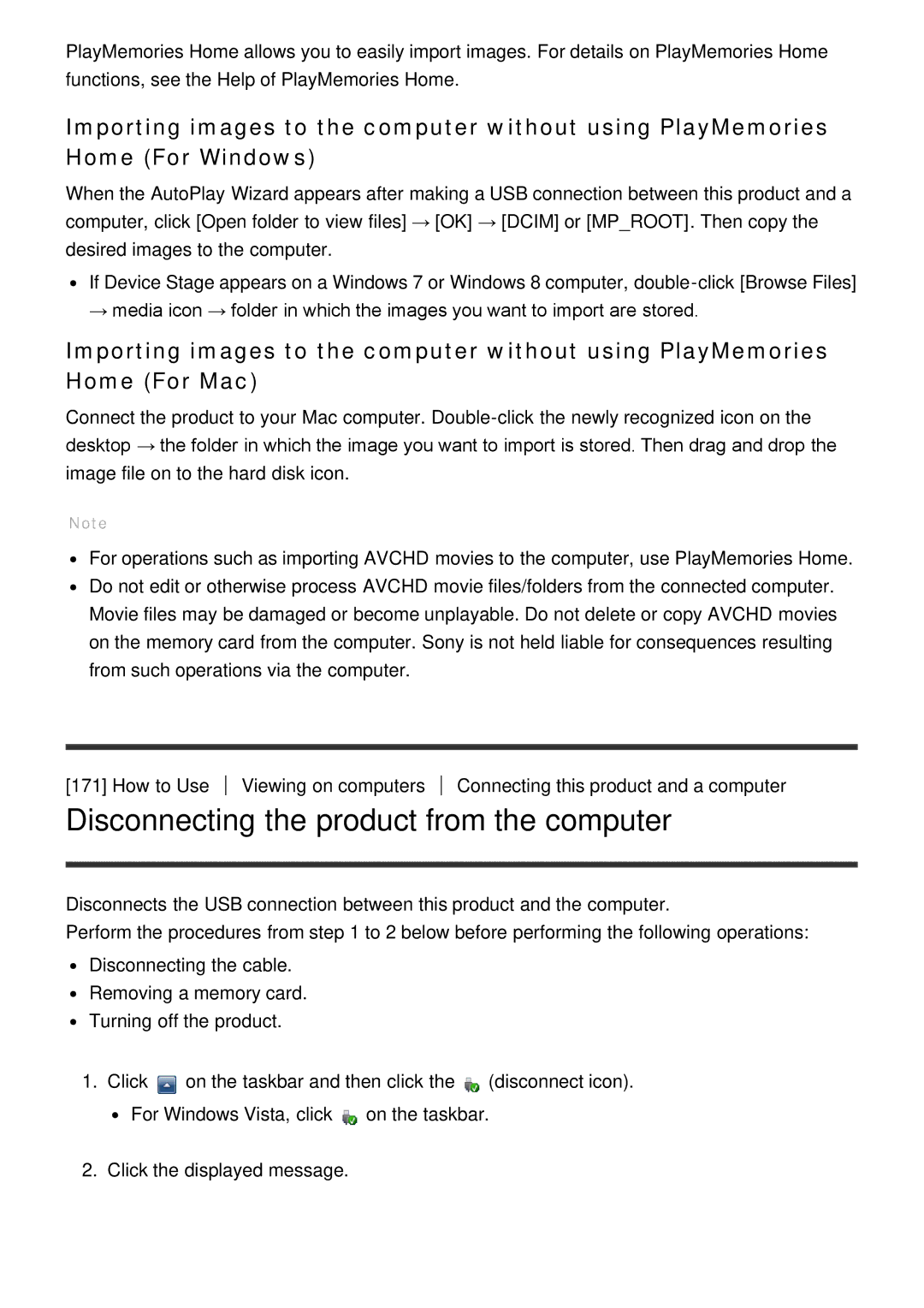 Sony HX400V, DSC-HX400 manual Disconnecting the product from the computer 