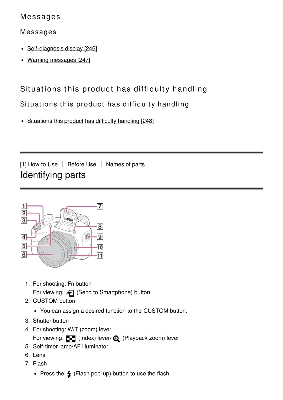 Sony HX400V, DSC-HX400 manual Identifying parts, Messages, Situations this product has difficulty handling 