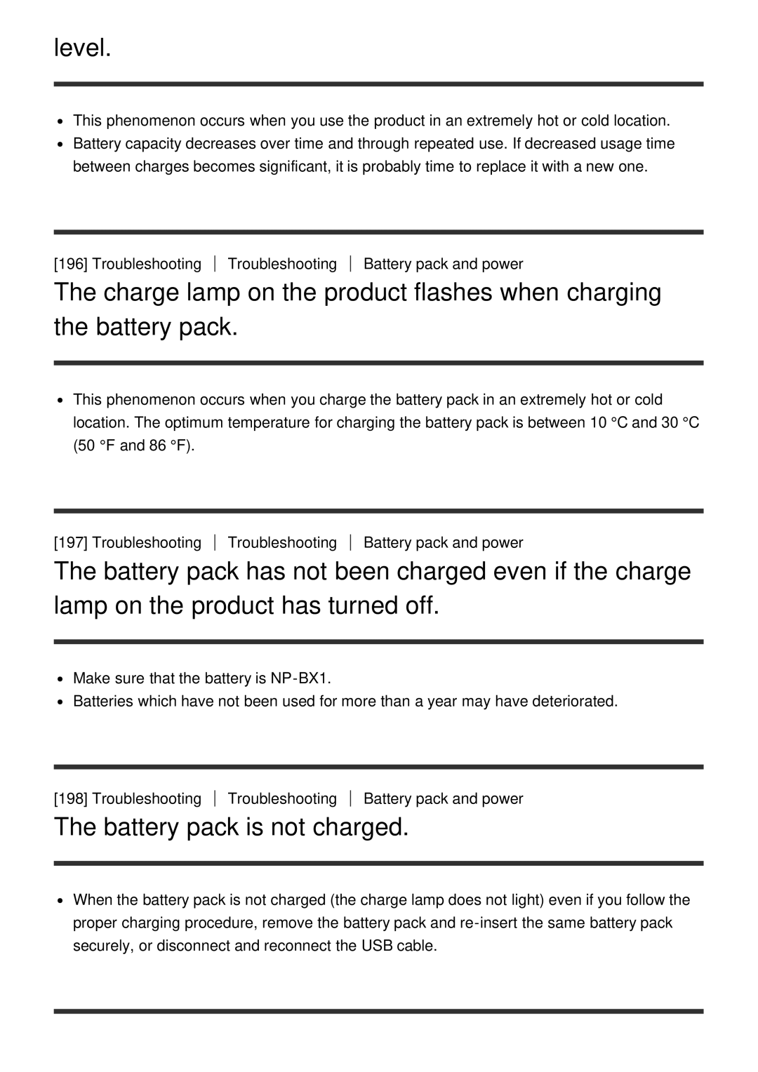 Sony HX400V, DSC-HX400 manual Level, Battery pack is not charged 