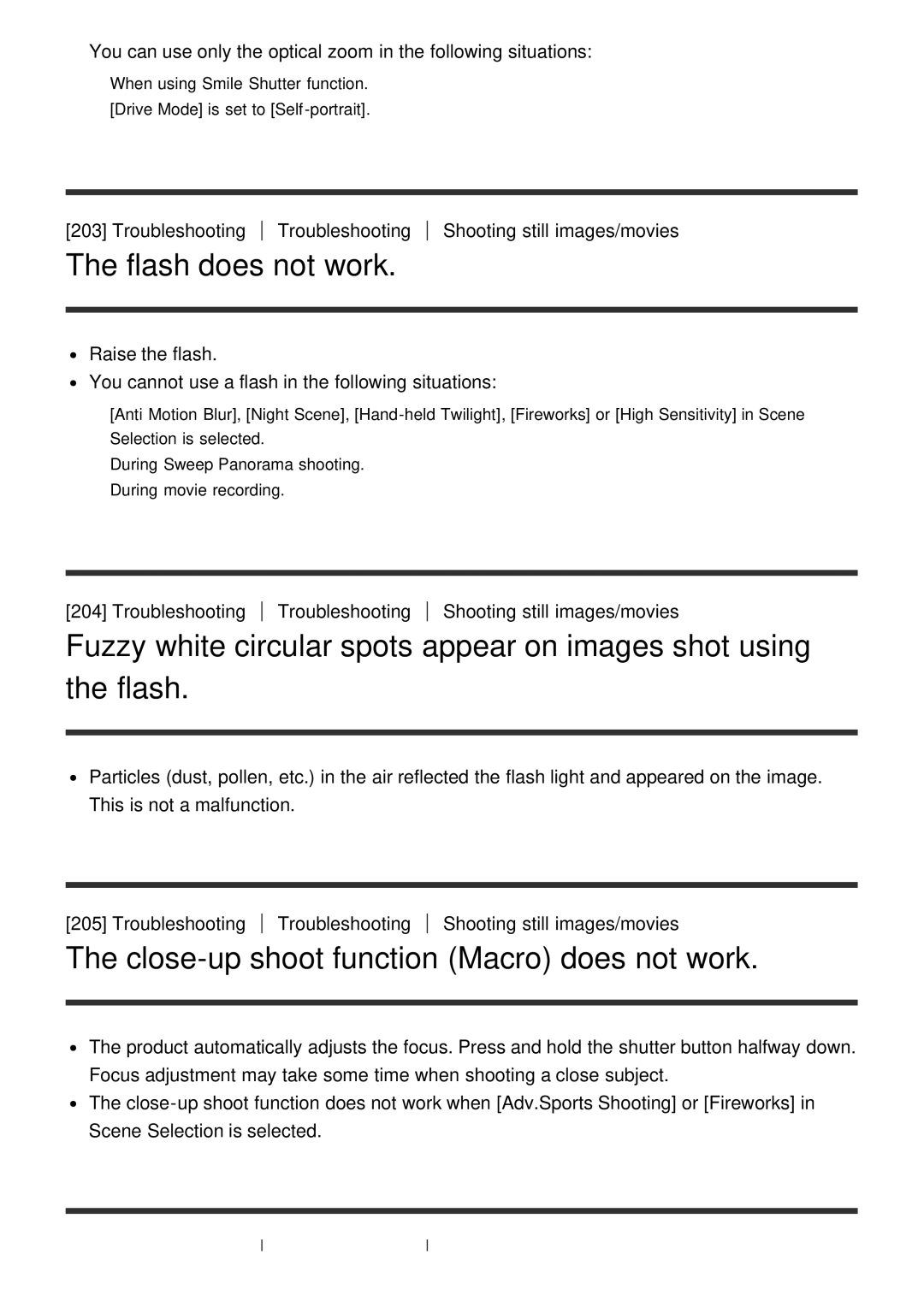 Sony HX400V, DSC-HX400 manual Flash does not work, Close-up shoot function Macro does not work 