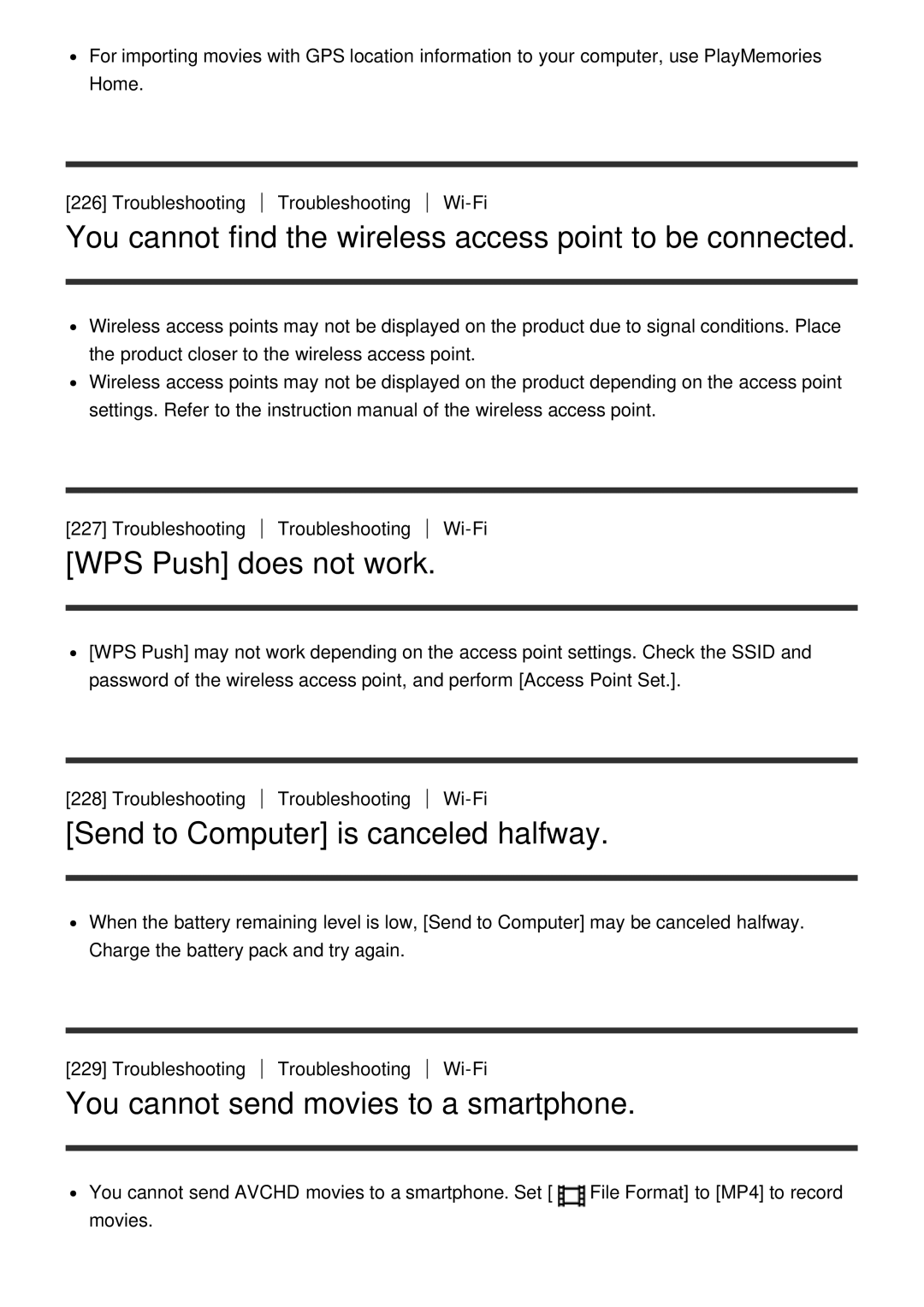 Sony HX400V, DSC-HX400 manual You cannot find the wireless access point to be connected, WPS Push does not work 