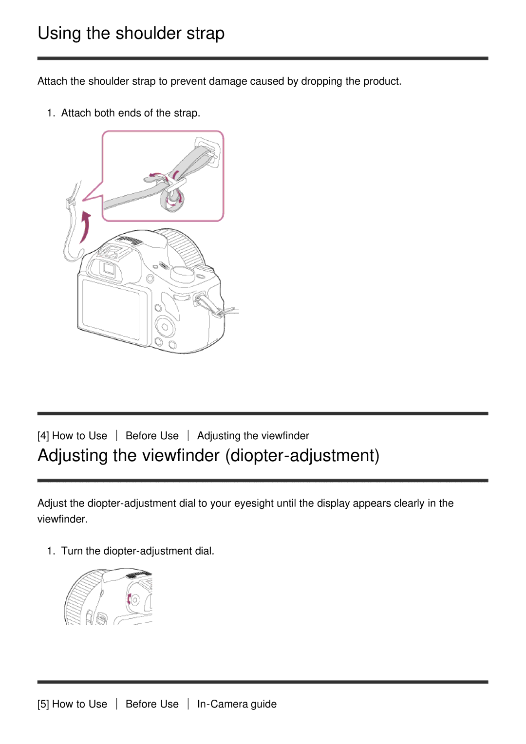 Sony DSC-HX400, HX400V manual Using the shoulder strap, Adjusting the viewfinder diopter-adjustment 