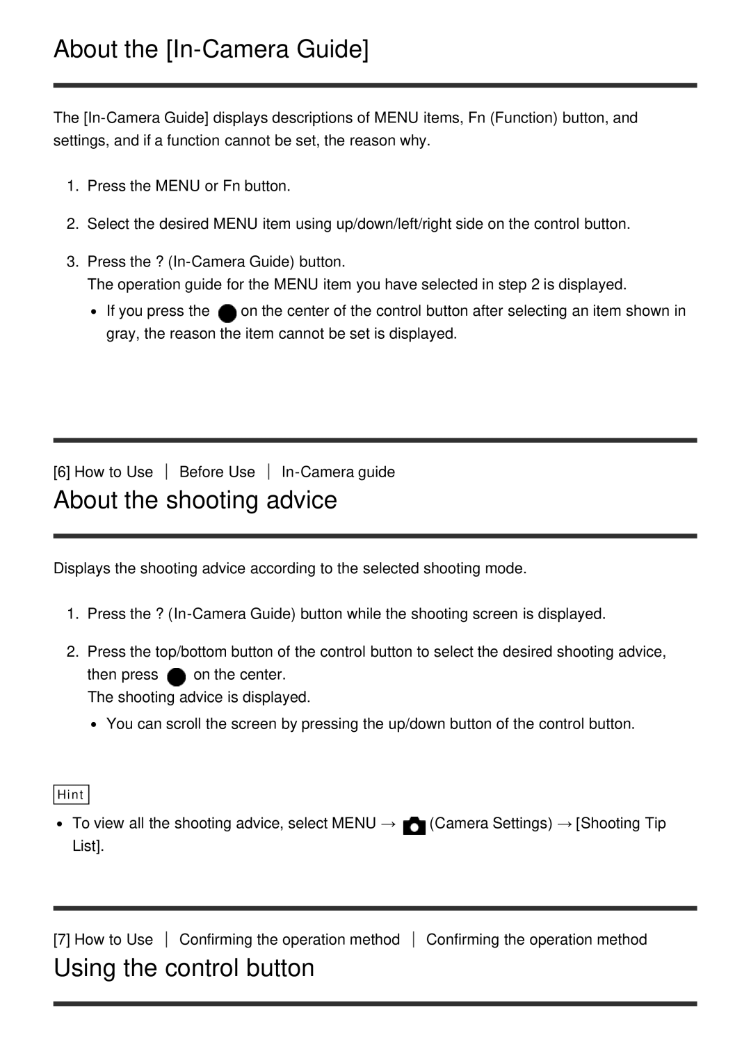 Sony HX400V, DSC-HX400 manual About the In-Camera Guide, About the shooting advice, Using the control button 