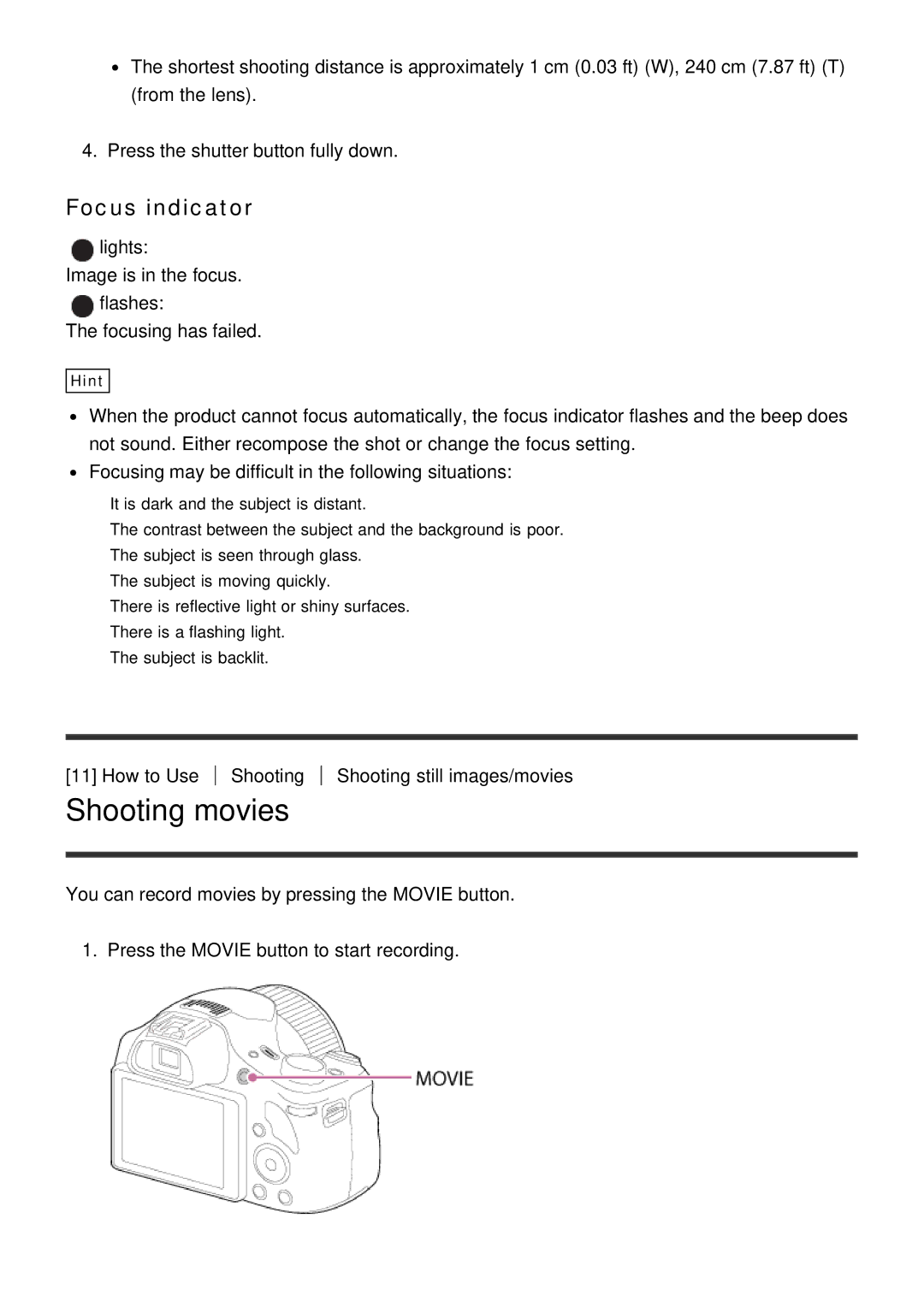 Sony DSC-HX400, HX400V manual Shooting movies, Focus indicator 