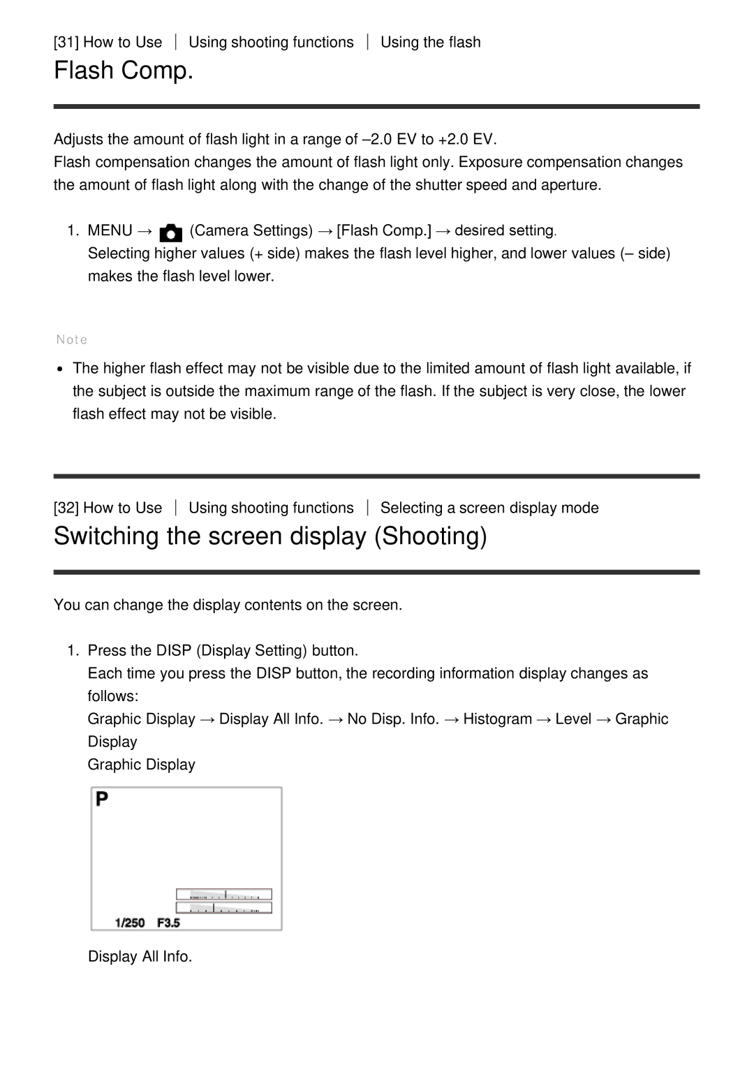 Sony HX400V, DSC-HX400 manual Flash Comp, Switching the screen display Shooting 