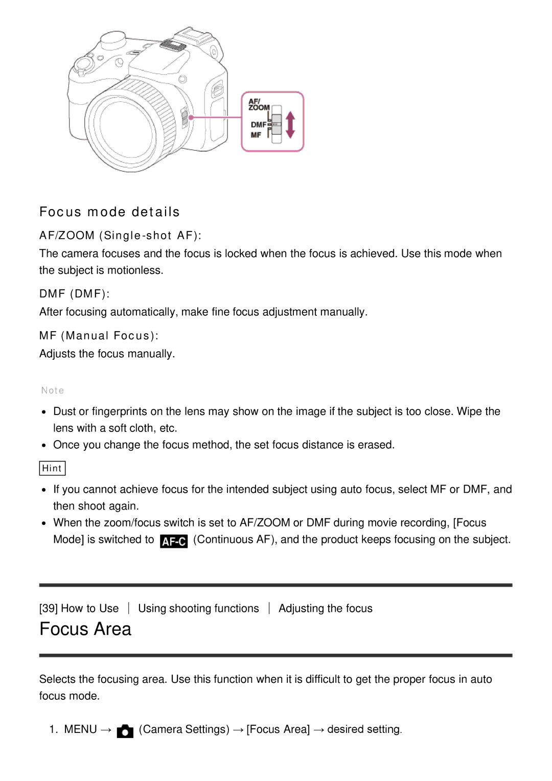 Sony DSC-HX400, HX400V manual Focus Area, Focus mode details, AF/ZOOM Single-shot AF, MF Manual Focus 