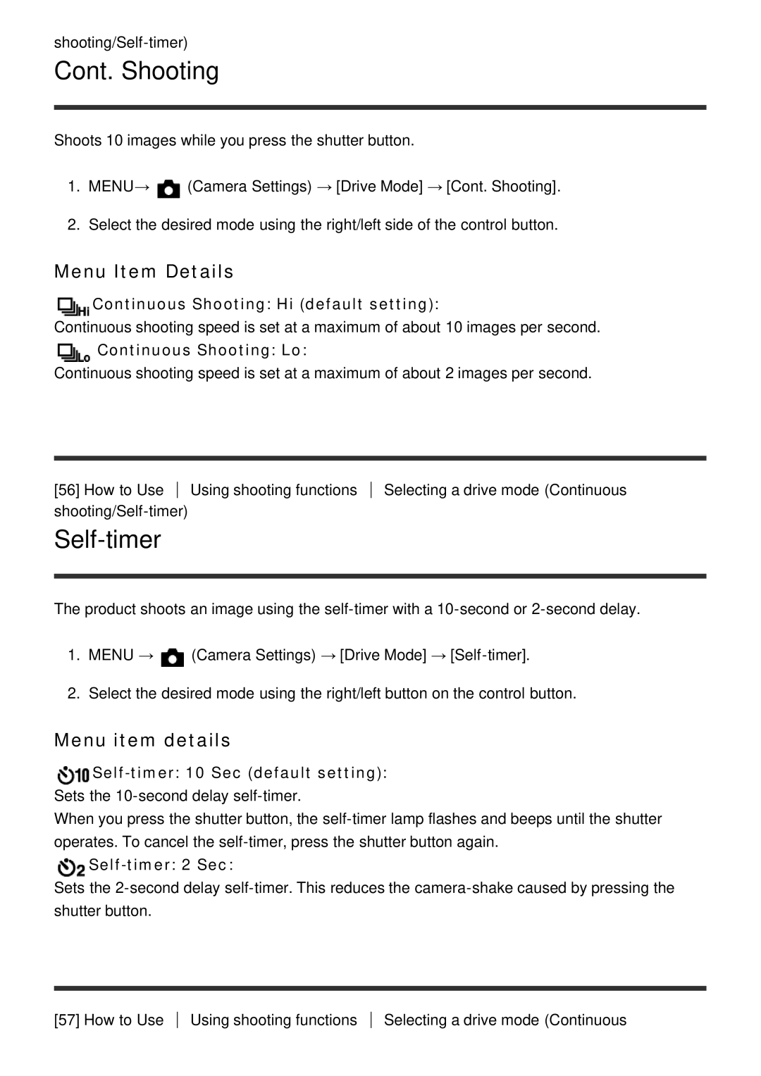 Sony DSC-HX400, HX400V manual Cont. Shooting, Self-timer 