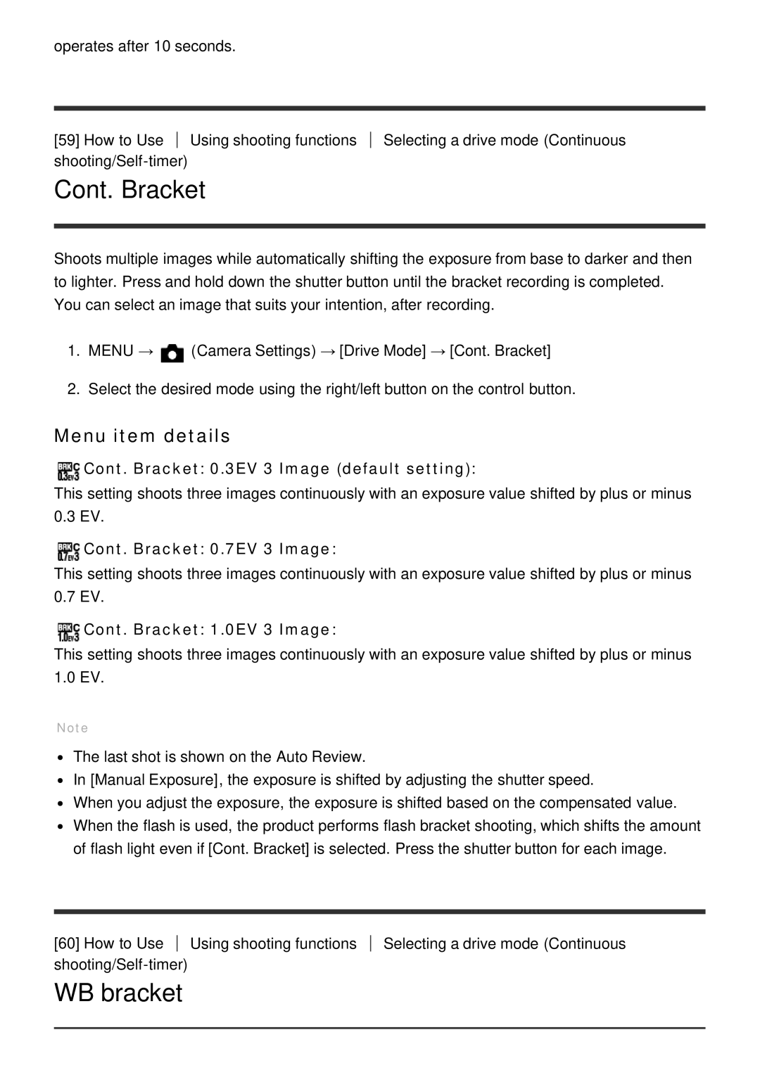 Sony DSC-HX400, HX400V manual WB bracket, Cont. Bracket 0.3EV 3 Image default setting, Cont. Bracket 0.7EV 3 Image 