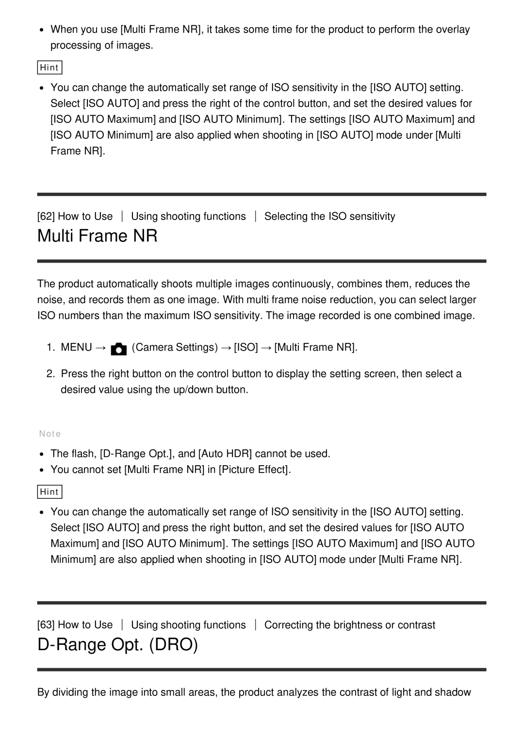 Sony DSC-HX400, HX400V manual Multi Frame NR, Range Opt. DRO 