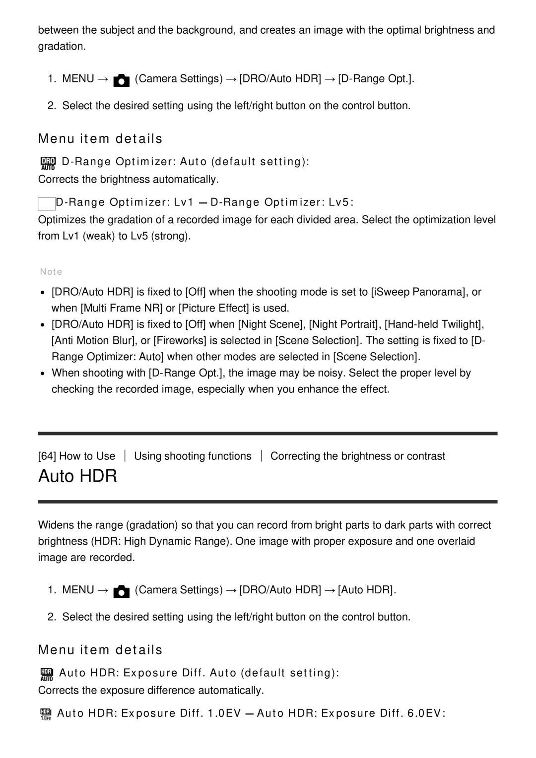 Sony HX400V, DSC-HX400 manual Auto HDR, Range Optimizer Auto default setting, Range Optimizer Lv1 ― D-Range Optimizer Lv5 