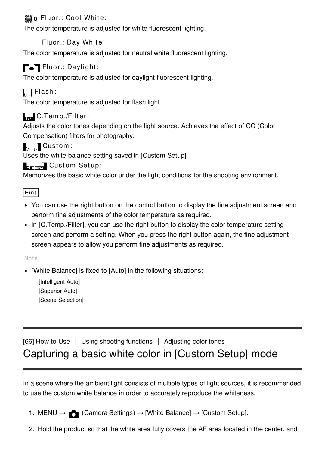 Sony HX400V, DSC-HX400 manual Capturing a basic white color in Custom Setup mode 