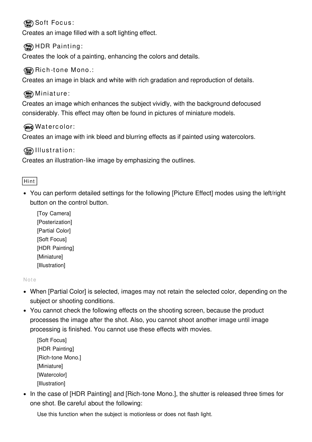Sony HX400V, DSC-HX400 manual Soft Focus, HDR Painting, Rich-tone Mono, Miniature, Watercolor, Illustration 