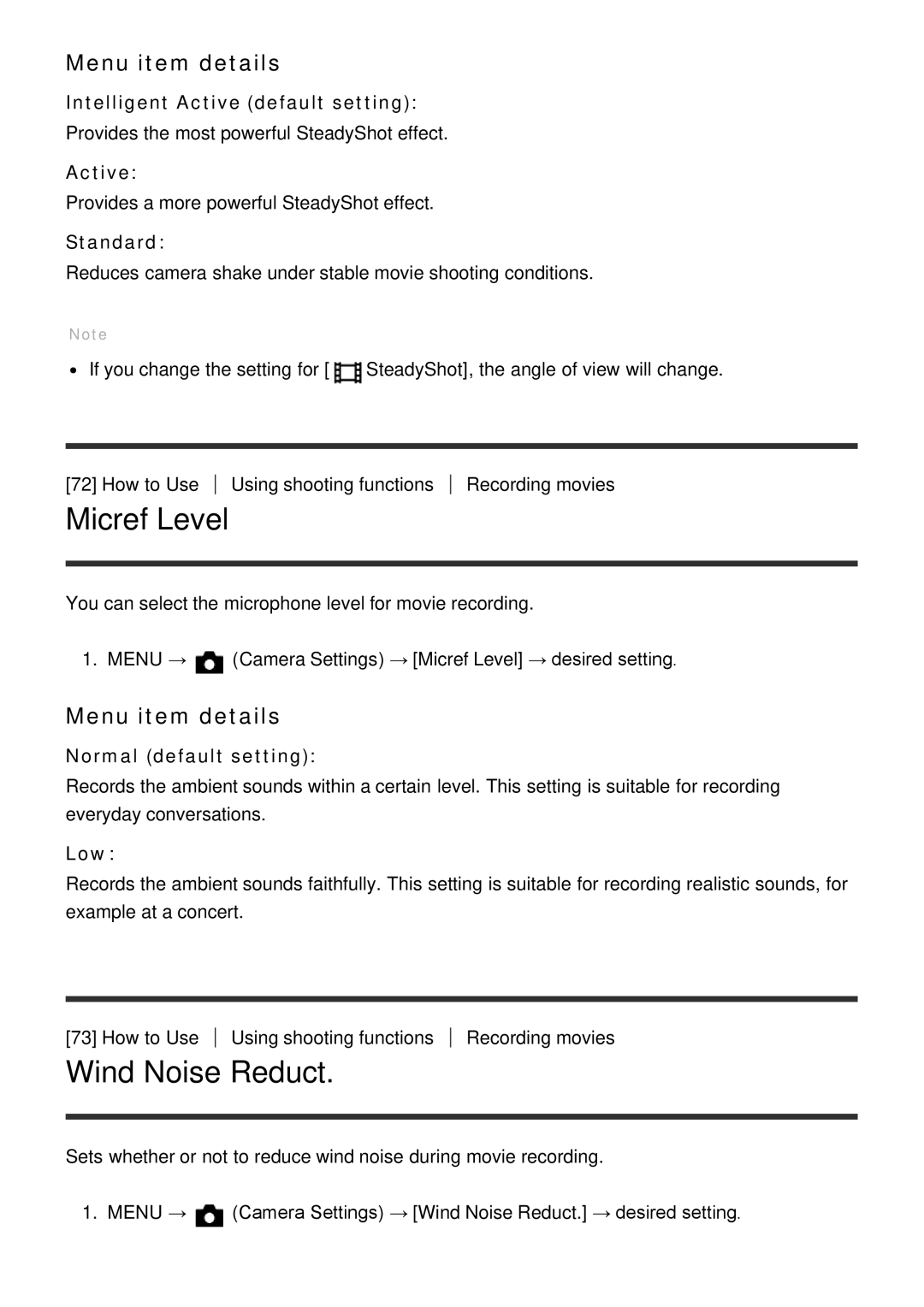 Sony DSC-HX400, HX400V manual Micref Level, Wind Noise Reduct, Intelligent Active default setting, Normal default setting 