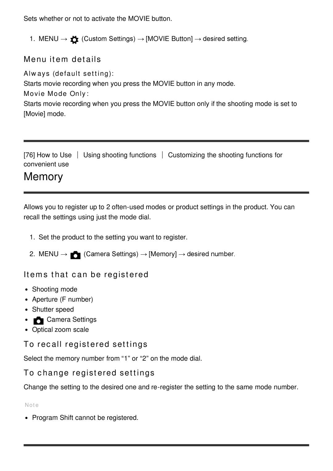 Sony DSC-HX400, HX400V Memory, Items that can be registered, To recall registered settings, To change registered settings 