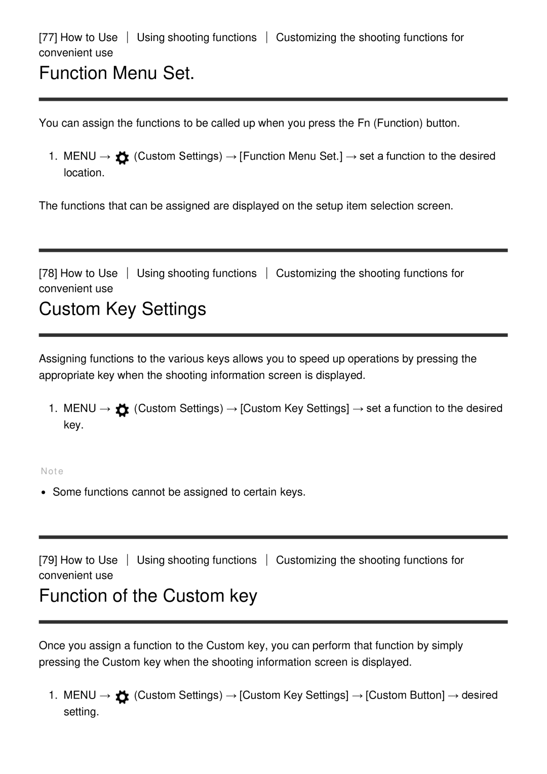 Sony HX400V, DSC-HX400 manual Function Menu Set, Custom Key Settings, Function of the Custom key 