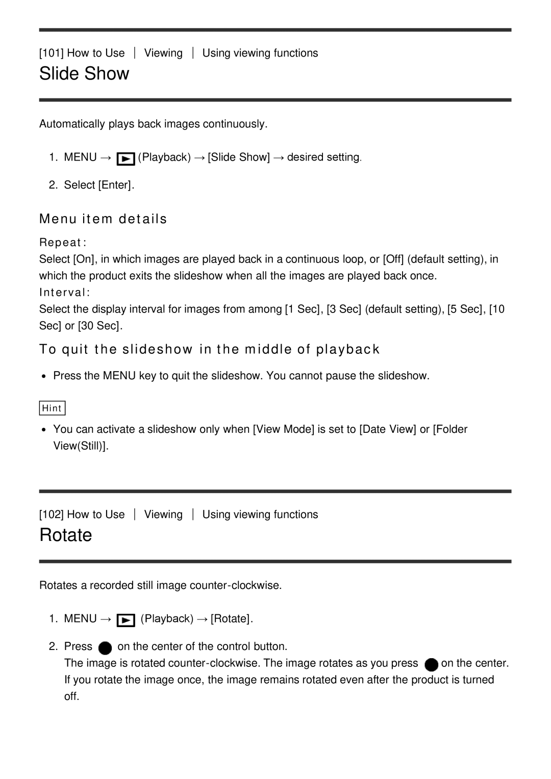 Sony HX400V, DSC-HX400 manual Slide Show, Rotate, To quit the slideshow in the middle of playback, Repeat, Interval 