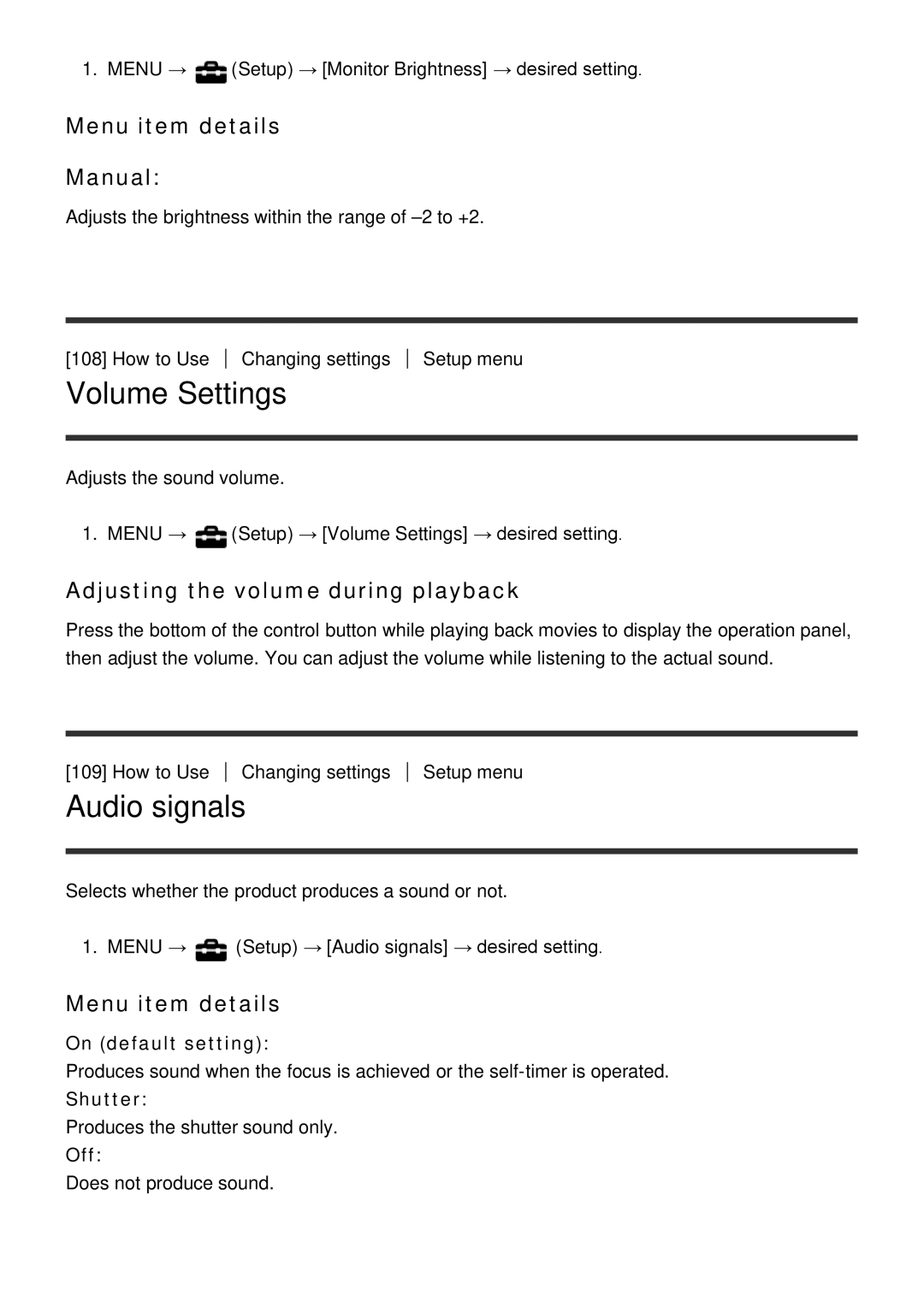 Sony DSC-HX400 Volume Settings, Audio signals, Menu item details Manual, Adjusting the volume during playback, Shutter 