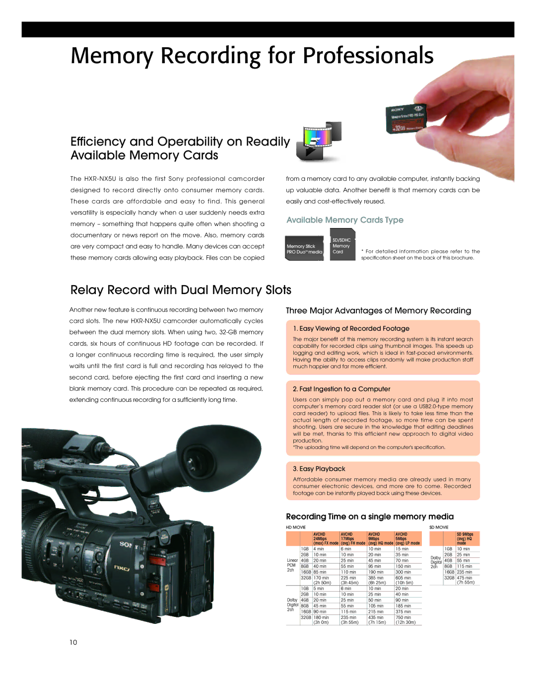 Sony HXR-NX5U manual Memory Recording for Professionals, Relay Record with Dual Memory Slots 