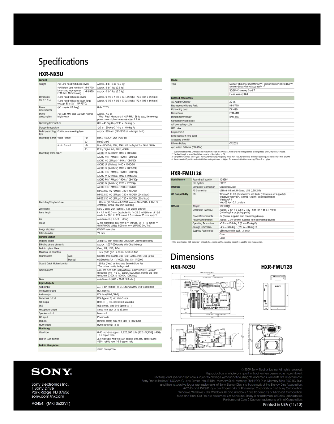 Sony HXR-NX5U manual Specifications 