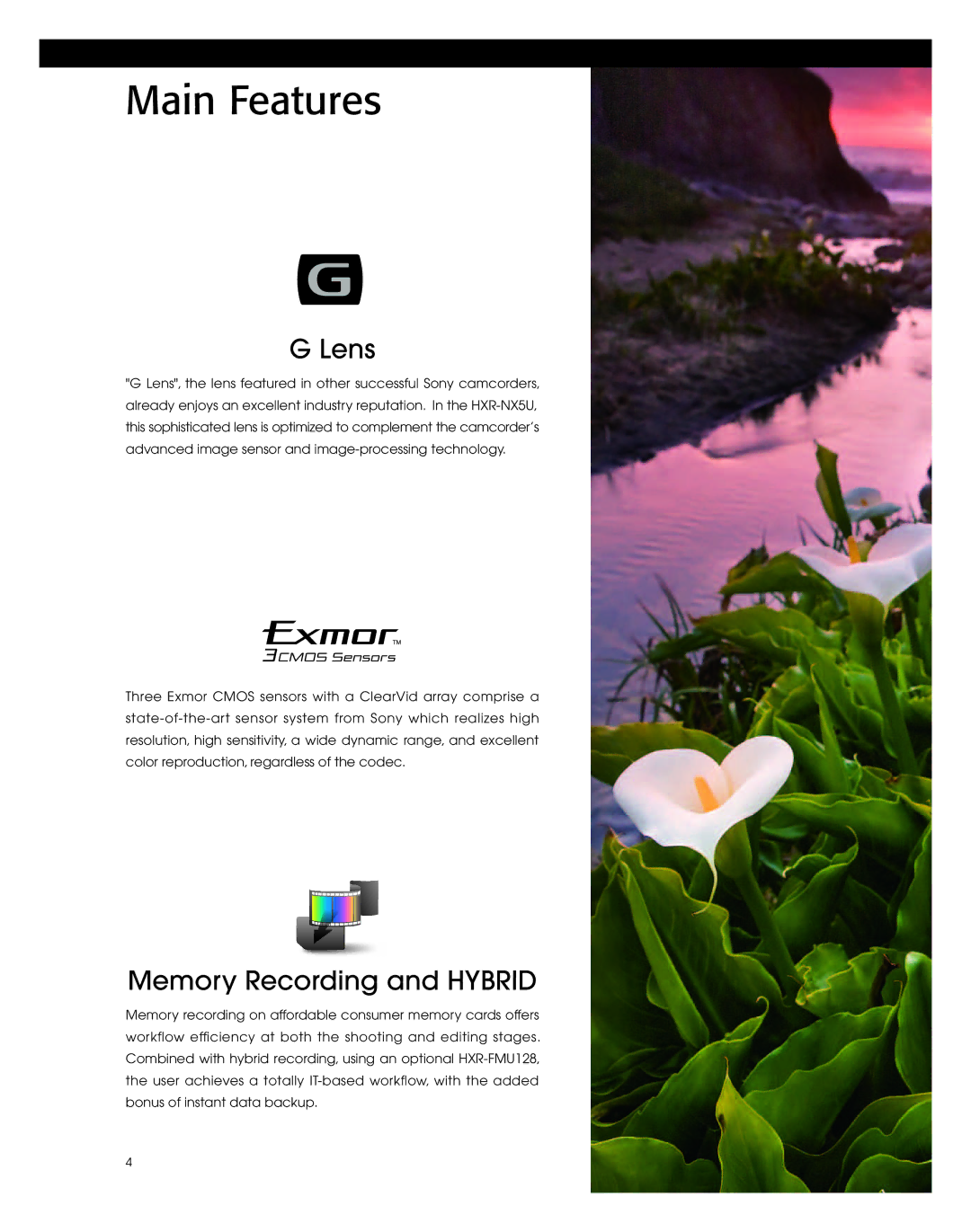 Sony HXR-NX5U manual Main Features, Lens 