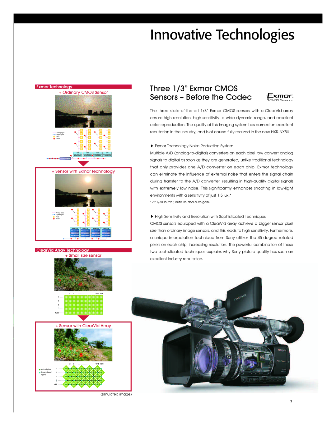 Sony HXR-NX5U manual Innovative Technologies, Three 1/3 Exmor Cmos Sensors Before the Codec 