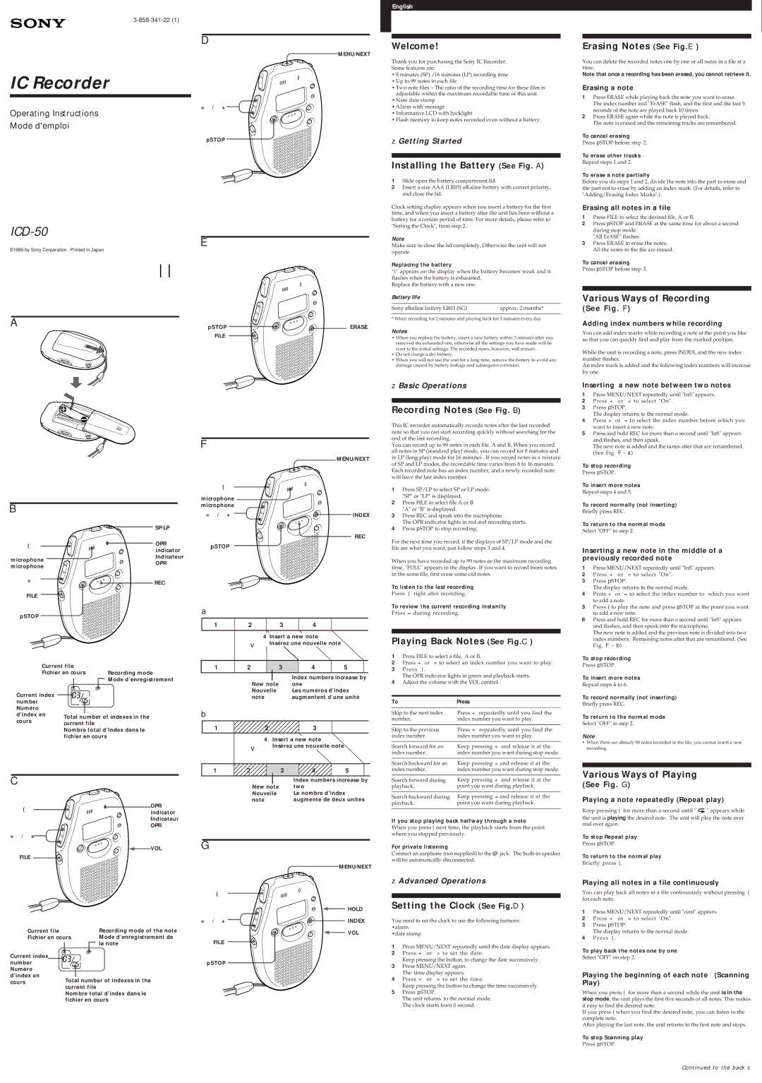 Sony ICD-50 manual Welcome, Installing the Battery See Fig. a, Erasing Notes See Fig.E, Various Ways of Recording 