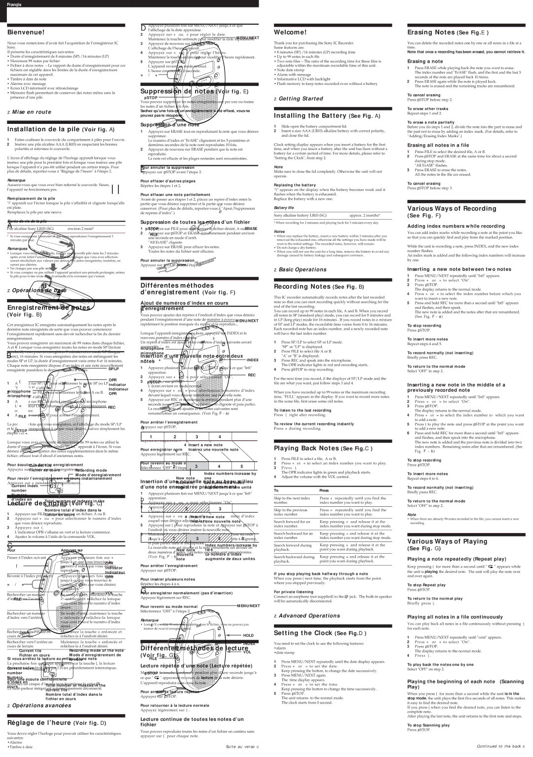 Sony ICD-50 manual Bienvenue, Installation de la pile Voir fig. a, Enregistrement de notes, Lecture des notes Voir fig. C 