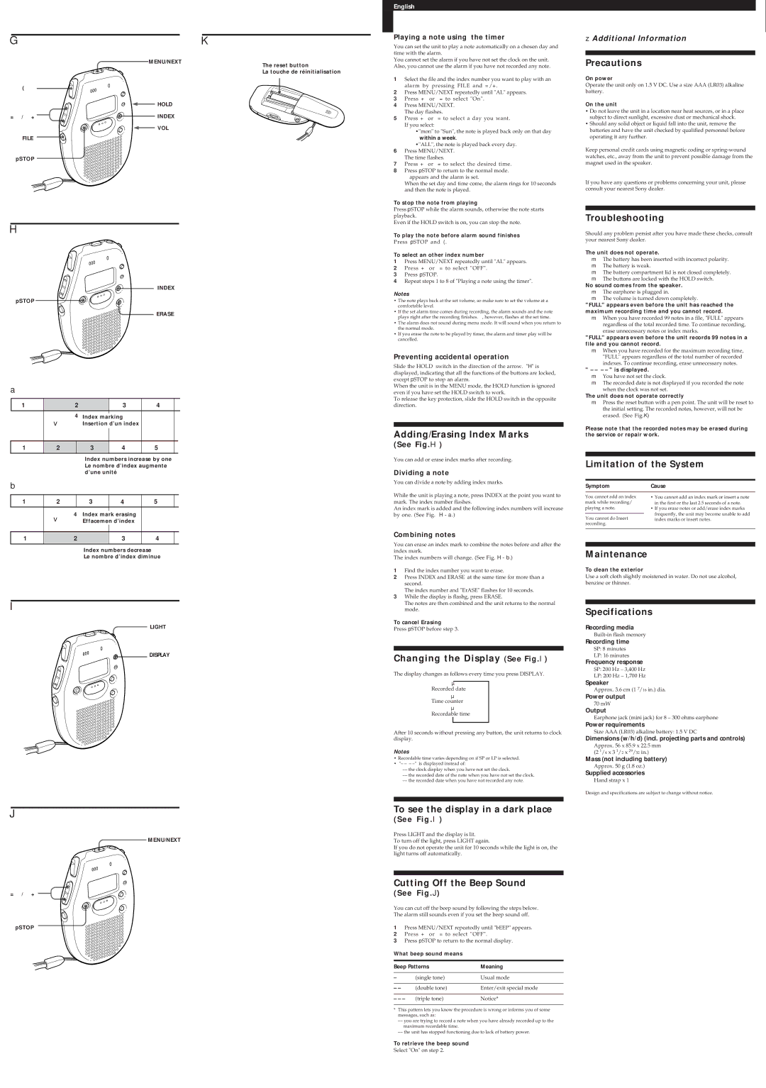 Sony ICD-50 manual Adding/Erasing Index Marks, Precautions, Troubleshooting, Limitation of the System, Maintenance 