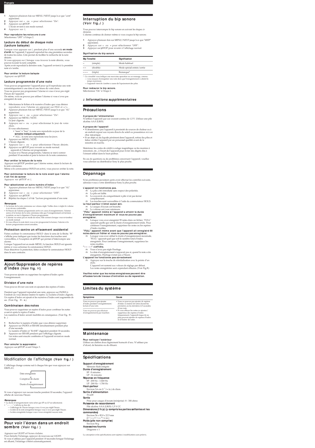 Sony ICD-50 manual Interruption du bip sonore, Précautions, Dépannage, Limites du système, Spécifications 