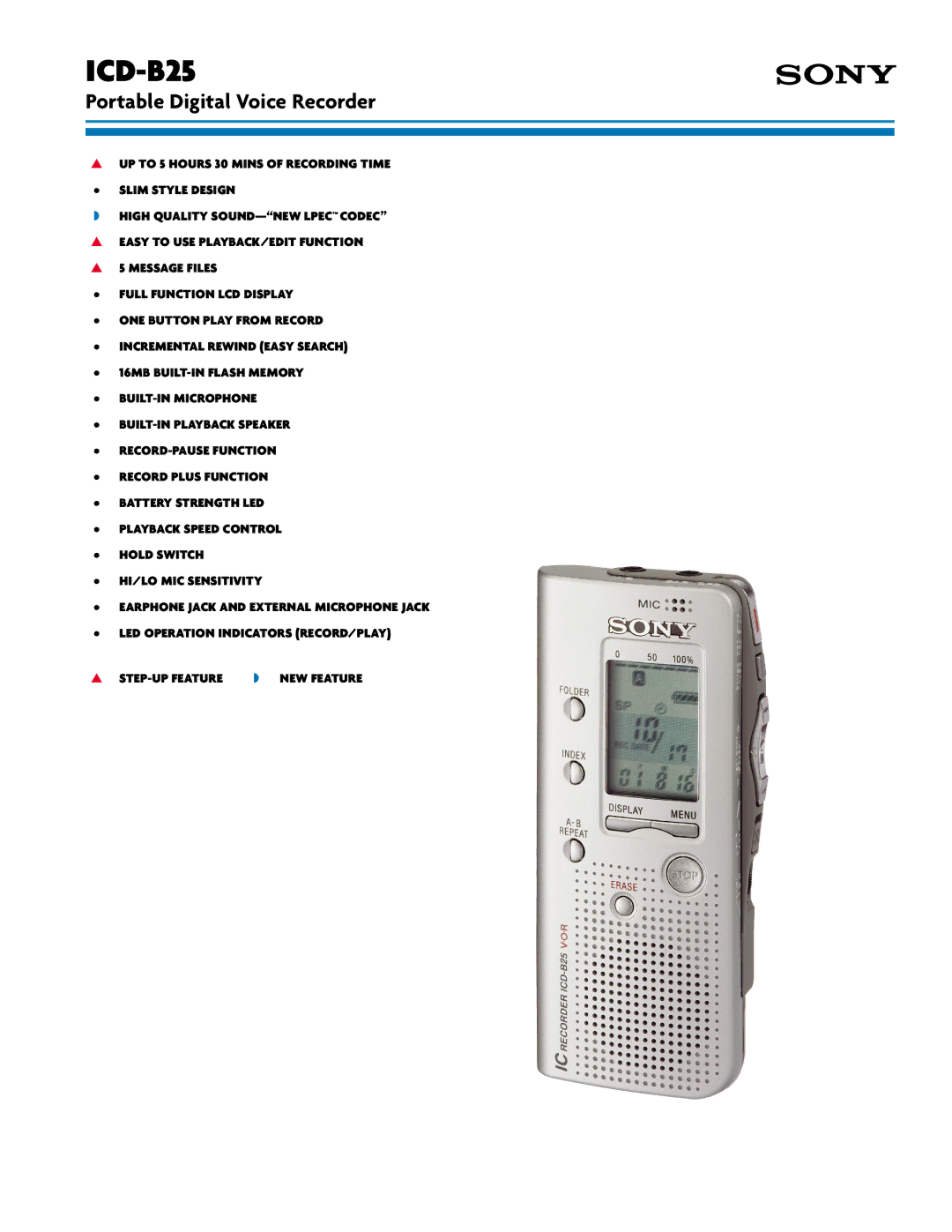 Sony ICD-B25 manual Portable Digital Voice Recorder 