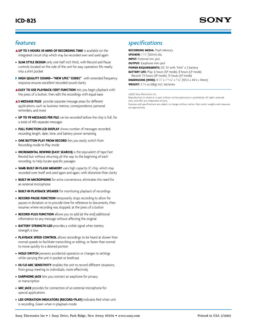 Sony ICD-B25 manual Features, Specifications 