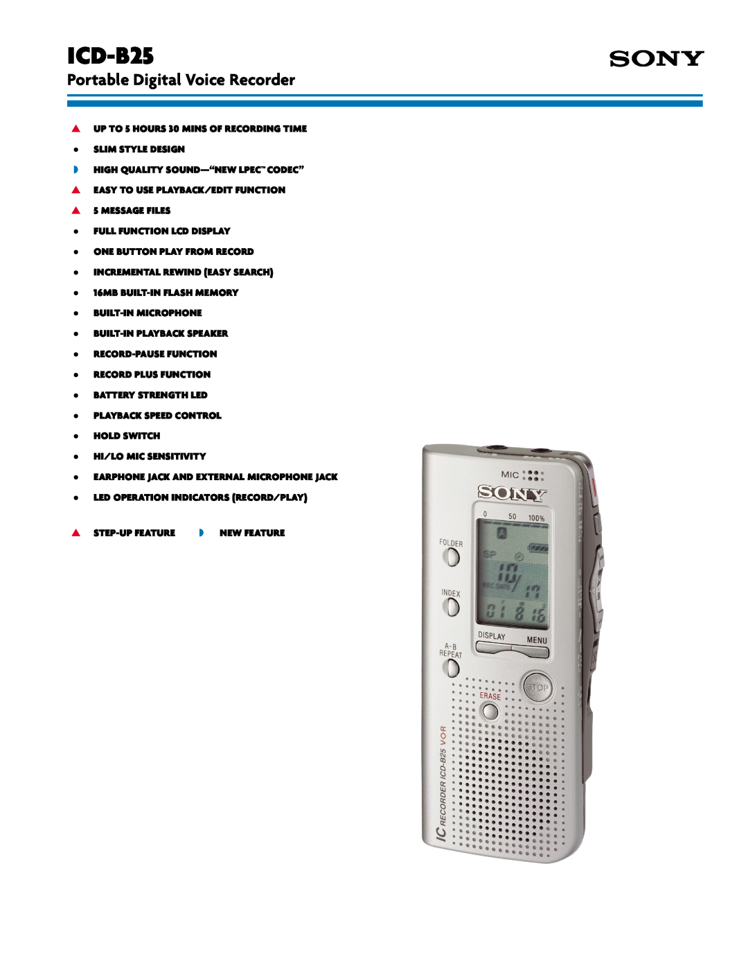 Sony ICD-B25 manual Portable Digital Voice Recorder 