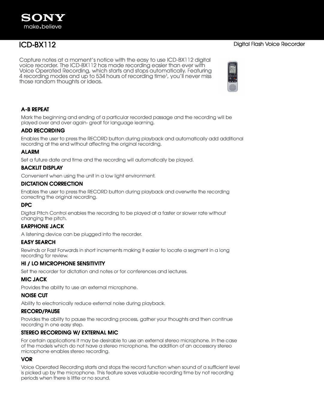 Sony ICD-BX112 manual 