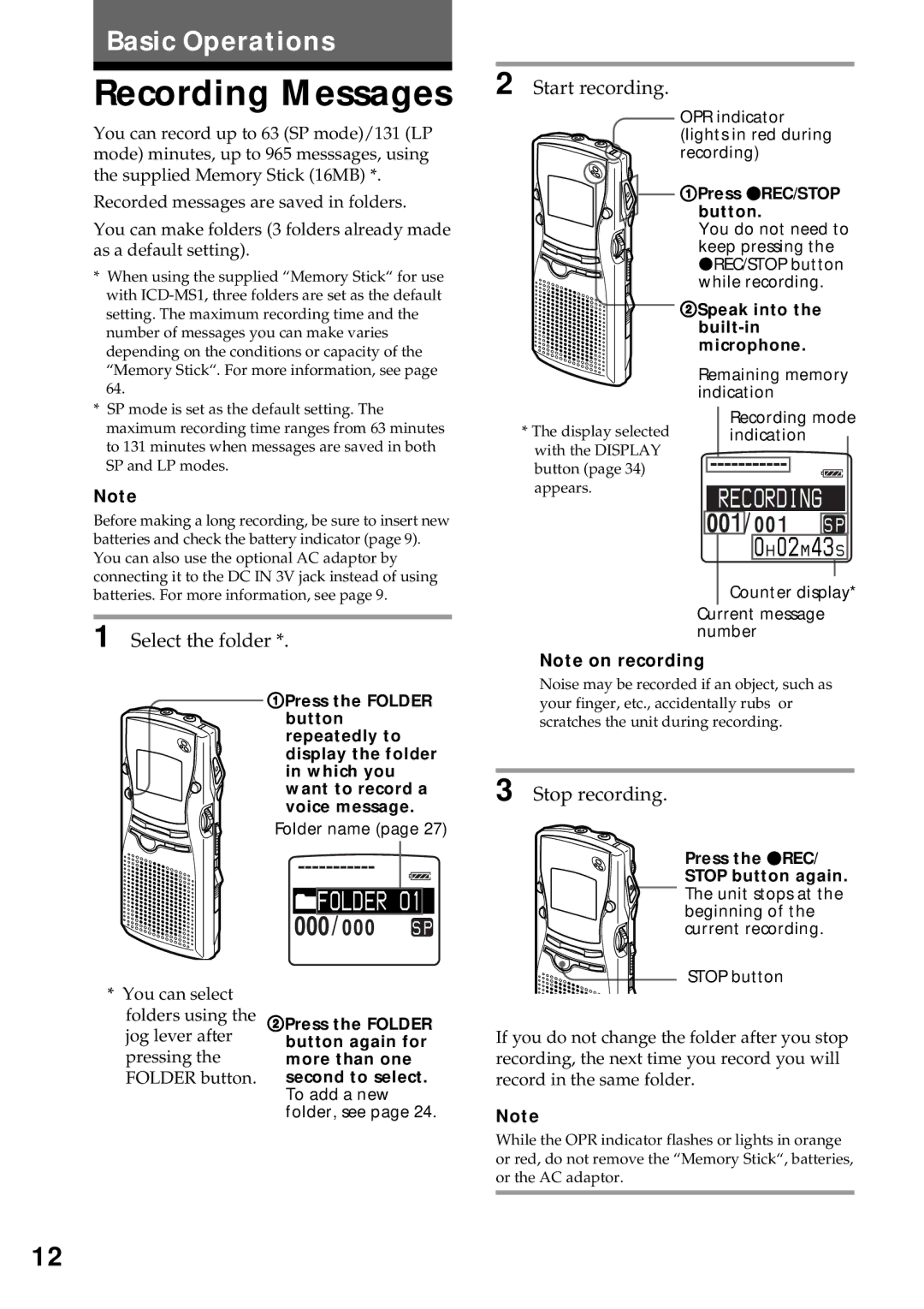 Sony ICD-MS1 operating instructions Recording Messages, Select the folder, Start recording, Stop recording 