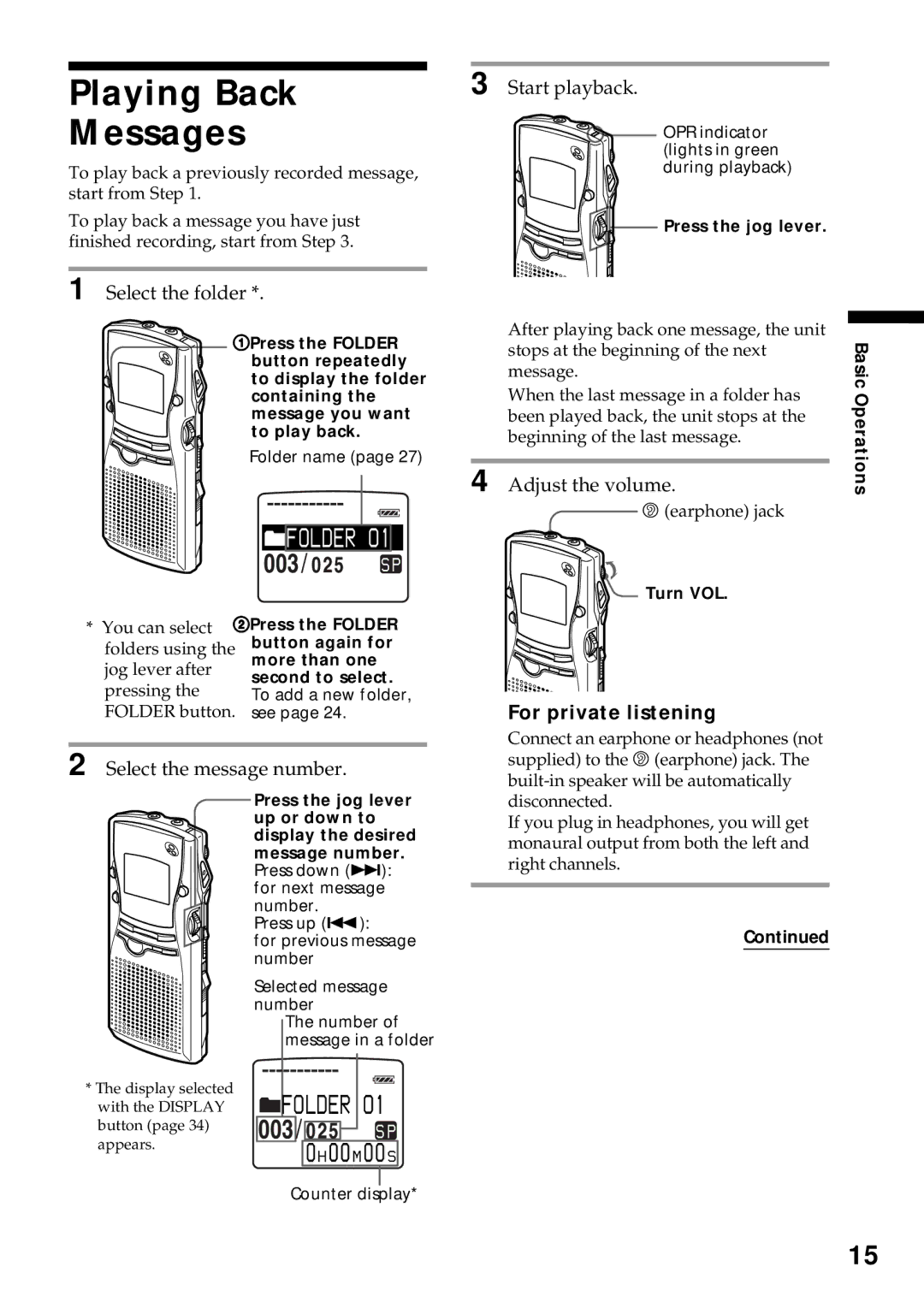 Sony ICD-MS1 Playing Back Messages, Folder O1, Select the message number Start playback, Adjust the volume 