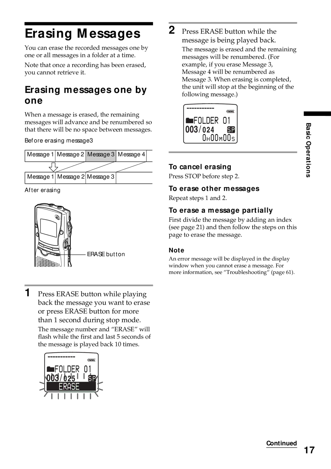 Sony ICD-MS1 operating instructions Erasing Messages, Erasing messages one by one, 0H 00M 00S, Erase 