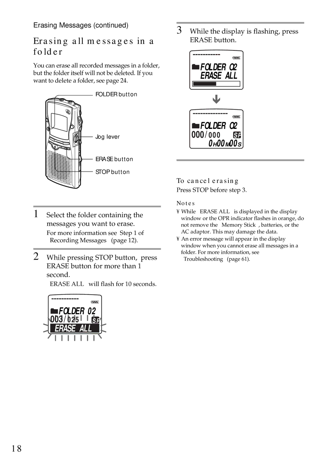 Sony ICD-MS1 Erasing all messages in a folder, Folder O2 Erase ALL, While the display is flashing, press Erase button 