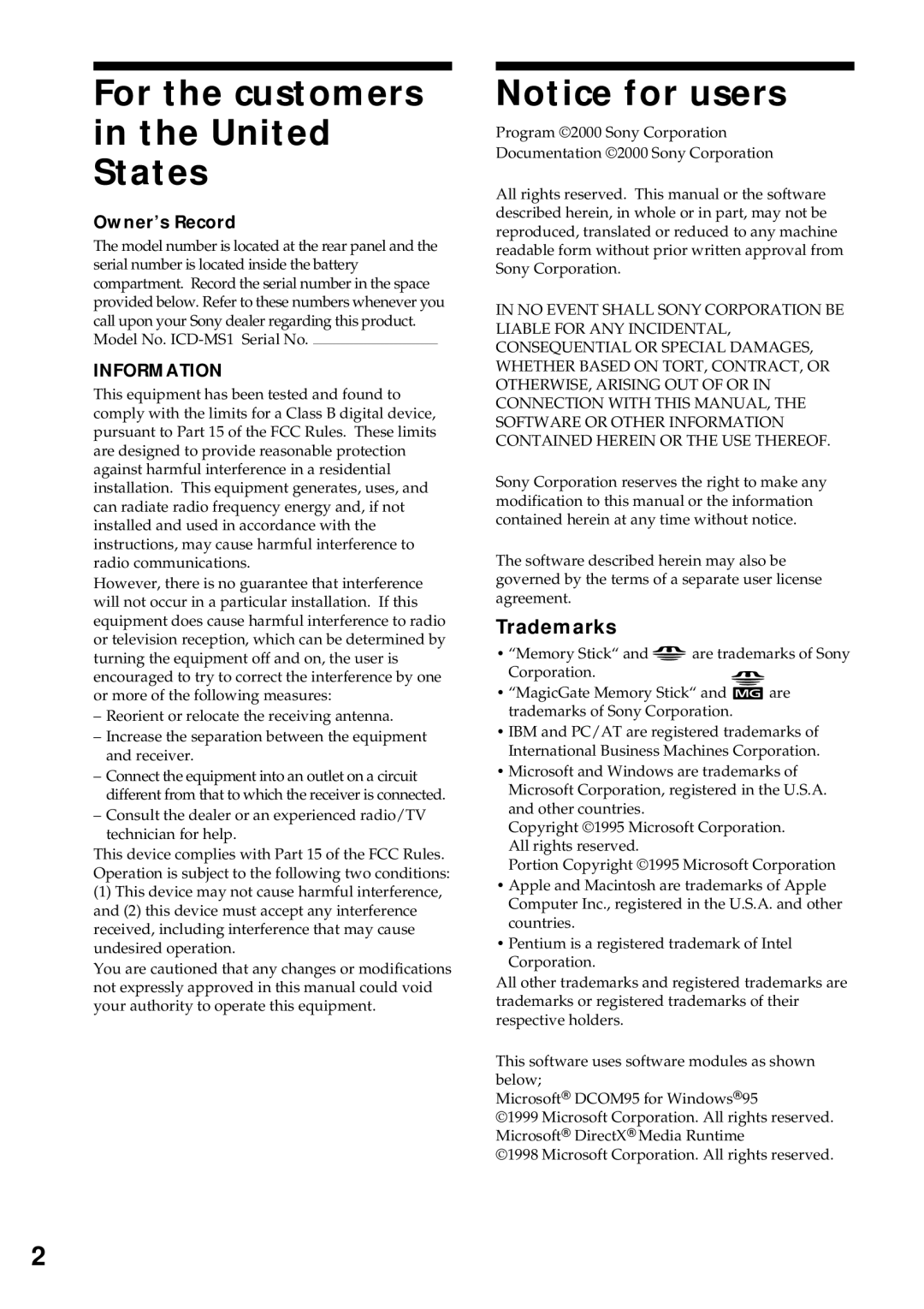 Sony ICD-MS1 operating instructions For the customers in the United States, Trademarks, Owner’s Record 