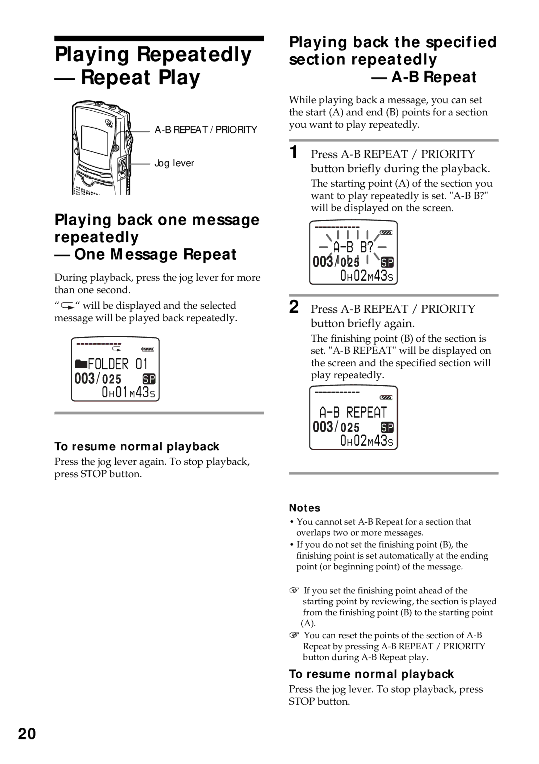 Sony ICD-MS1 Playing Repeatedly Repeat Play, Playing back one message repeatedly One Message Repeat, 0H 01M 43S 