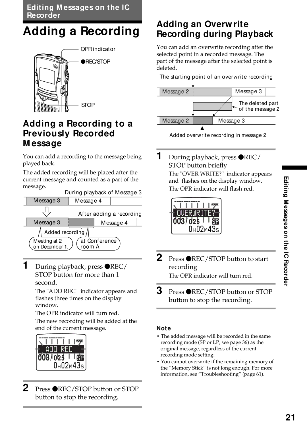 Sony ICD-MS1 Adding a Recording to a Previously Recorded Message, Adding an Overwrite Recording during Playback 