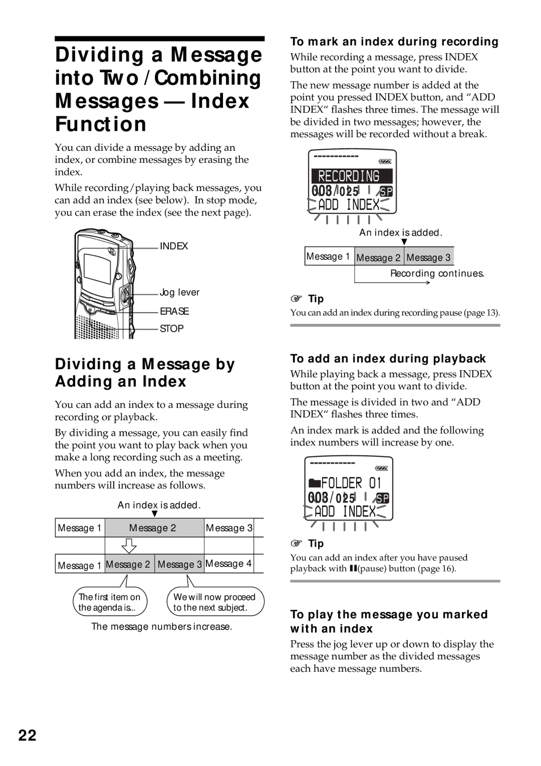 Sony ICD-MS1 operating instructions Dividing a Message by Adding an Index, Folder O1 ADD Index 