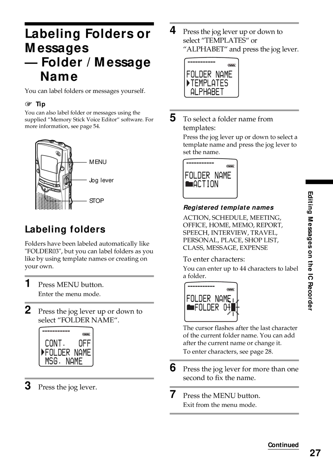 Sony ICD-MS1 Labeling Folders or Messages Folder / Message Name, Labeling folders, To select a folder name from templates 