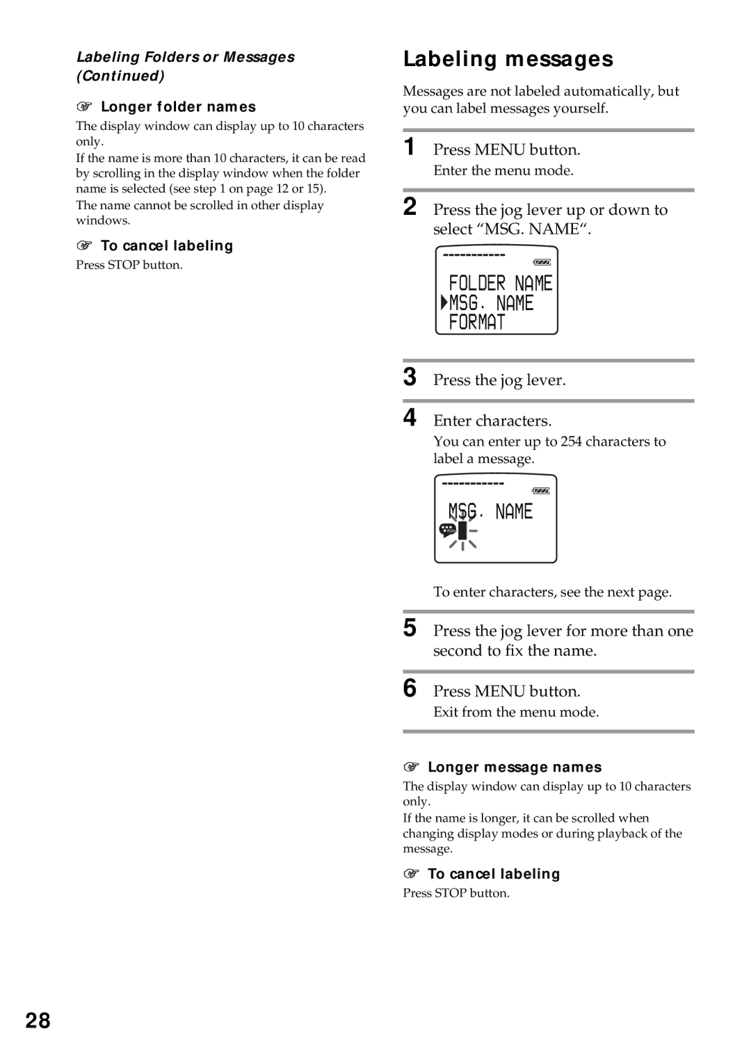 Sony ICD-MS1 Labeling messages, Press the jog lever up or down to select MSG. Name, Labeling Folders or Messages 