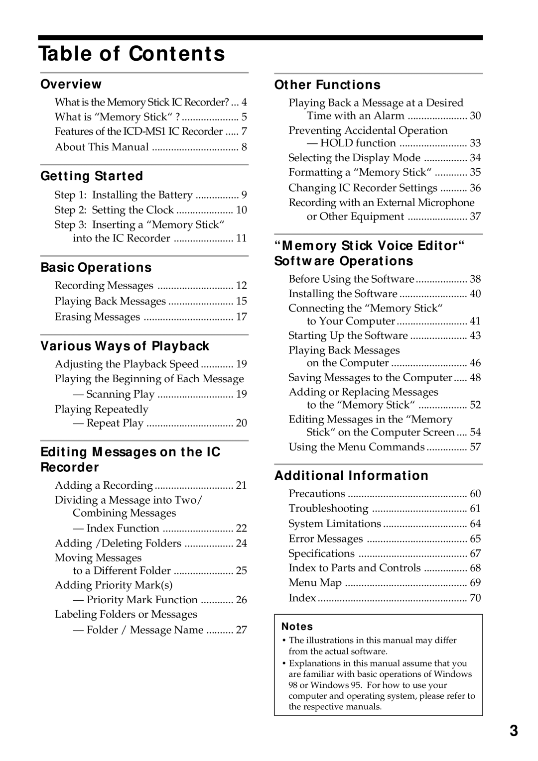 Sony ICD-MS1 operating instructions Table of Contents 