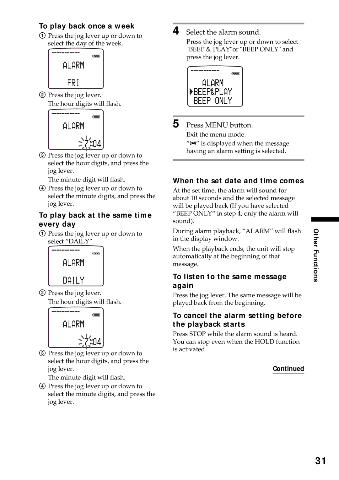 Sony ICD-MS1 operating instructions Alarm FRI, Alarm 704, Alarm Daily, BEEP&PLAY Beep only 