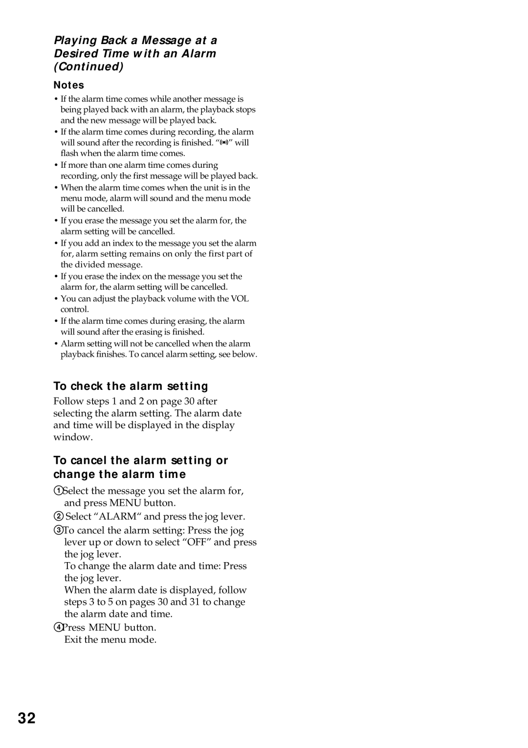 Sony ICD-MS1 operating instructions To check the alarm setting, To cancel the alarm setting or change the alarm time 