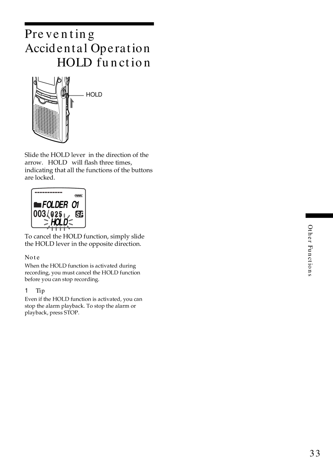 Sony ICD-MS1 operating instructions Preventing Accidental Operation Hold function, Other Functions 