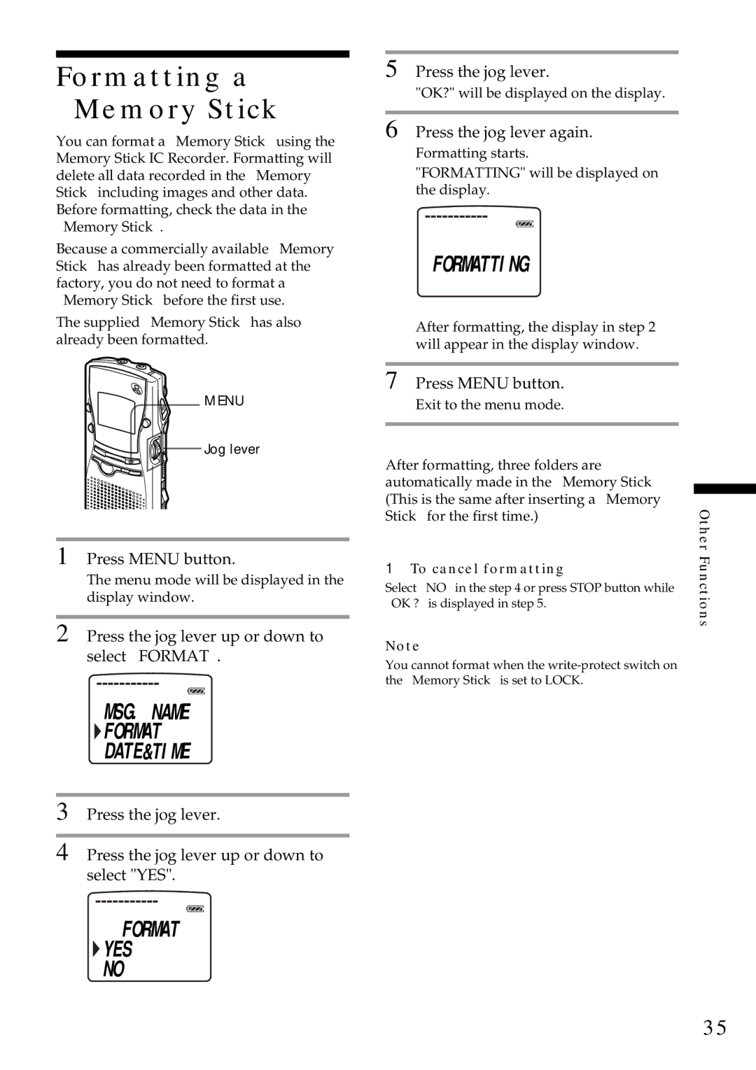 Sony ICD-MS1 operating instructions Formatting a Memory Stick, MSG. Name Format, Date&Time, Format YES 