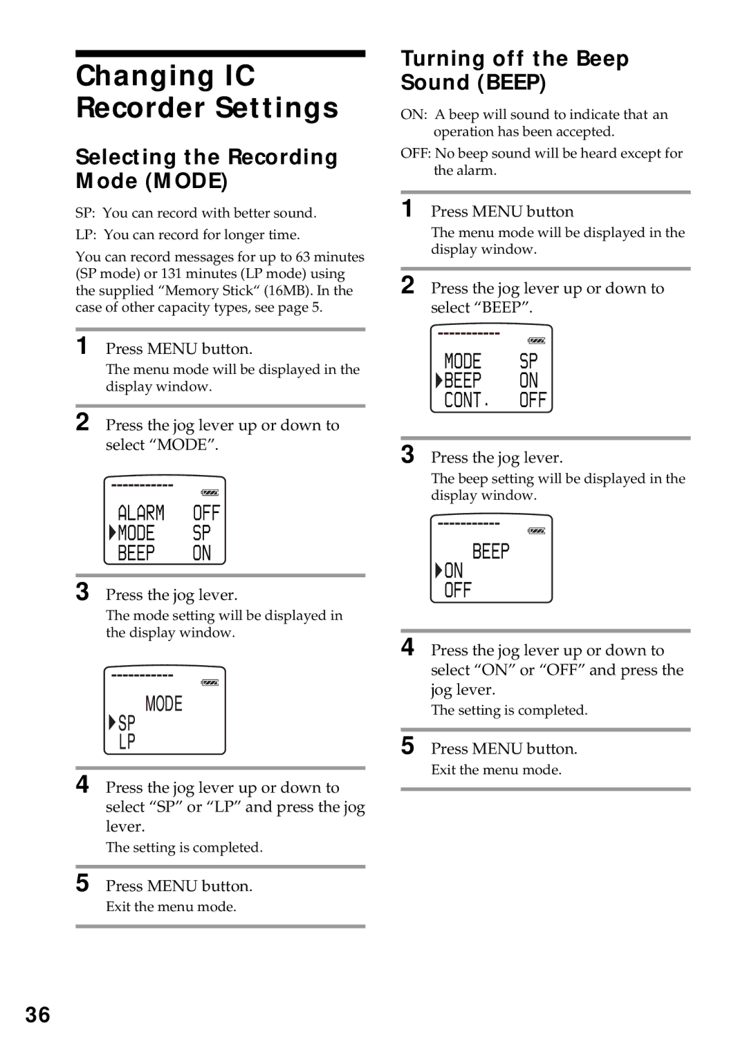 Sony ICD-MS1 Changing IC Recorder Settings, Selecting the Recording Mode Mode, Turning off the Beep Sound Beep, Cont. Off 